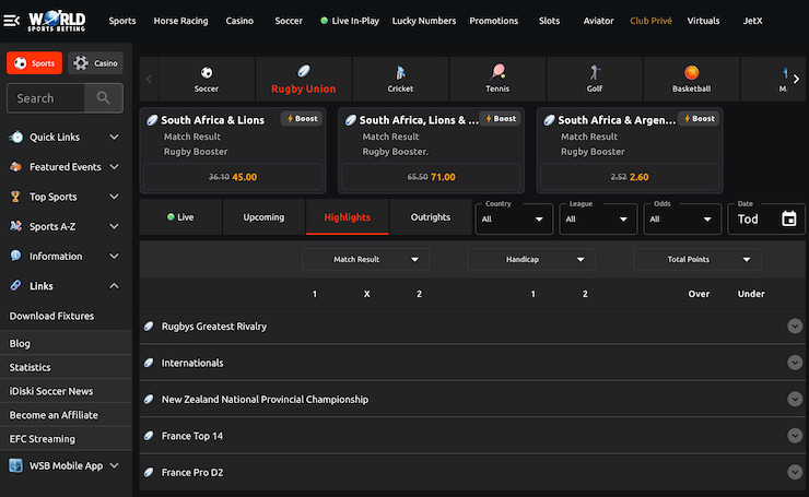 Rugby Betting at WSB South Africa
