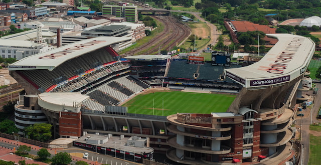 Archive view across the empty rugby pitch and surrounding stands at Kings Park Stadium in Durban.