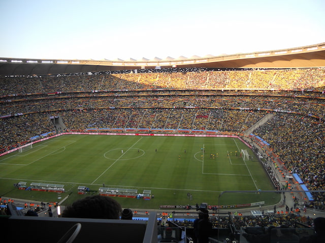 Packed stands and the football pitch at FNB Stadium in Johannesburg during South Africa versus Mexico in 2010.