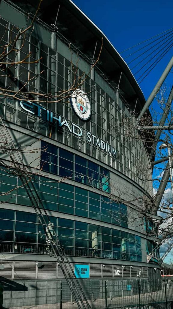 Blue-toned view of Manchester City’s Etihad Stadium in Manchester.